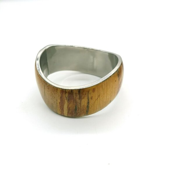 Stainless Steel & Wood Grain Inlay Banana Bark Cuff Bracelet - Picture 9 of 16